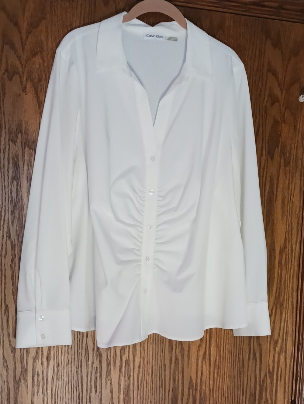 Women's Calvin Klein V Neck Front Gathered Button Down Long Sleeve Blouse